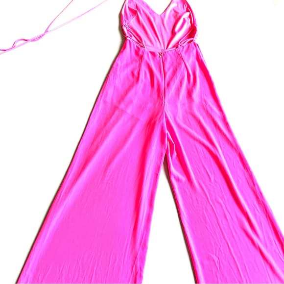 Lush Neon Pink Flowy Sheer Strappy Wide Leg Halter Jumpsuit - Picture 6 of 10